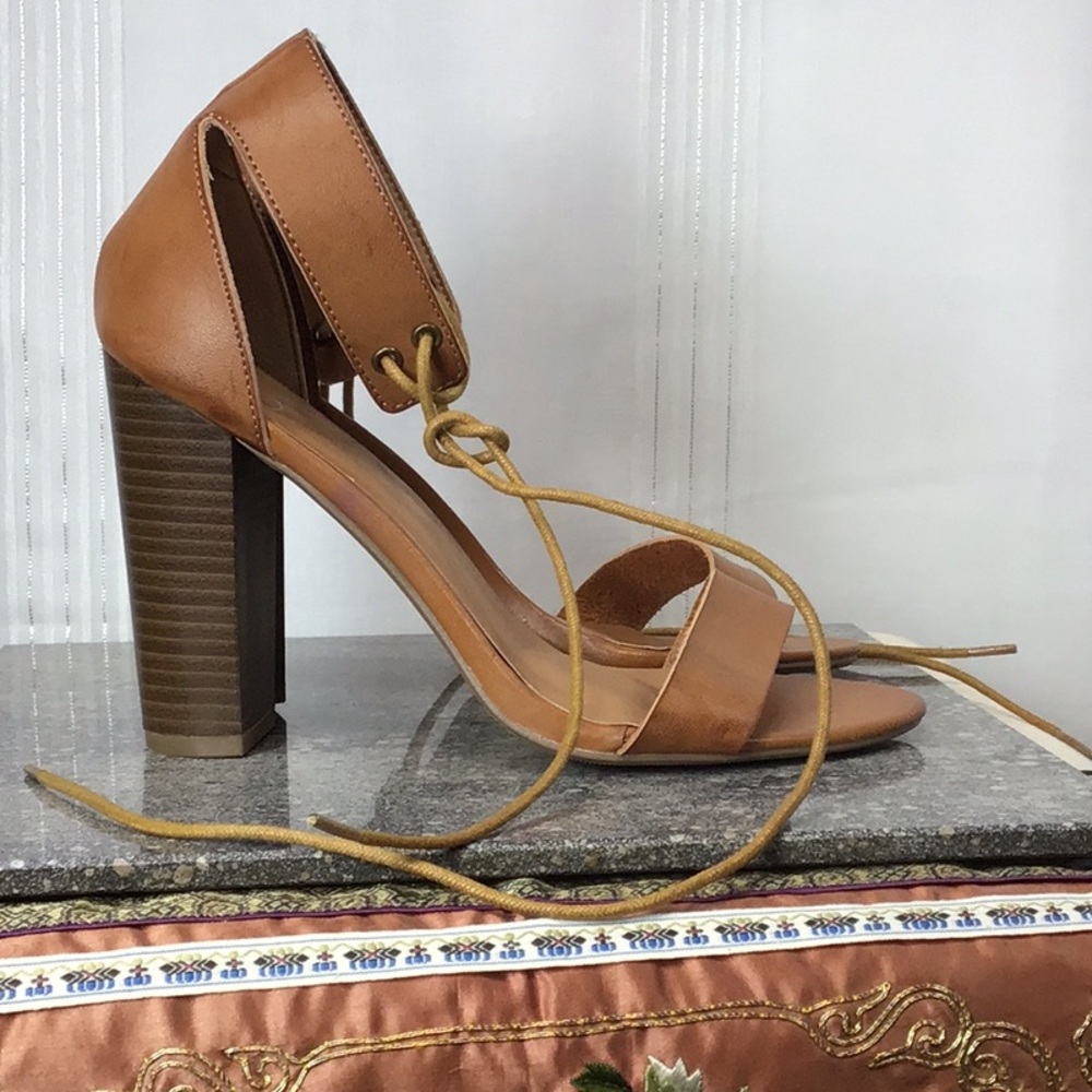 🌵 Missguided Tan Faux Leather Ankle Tie Laces Block Heel Sandals Sz.8 - Picture 4 of 8